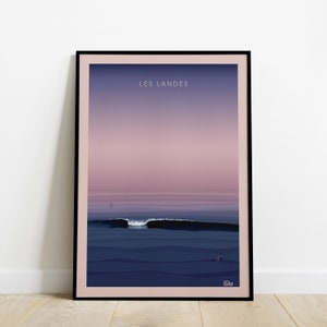 Cartel de viaje de Les Landes / Cartel de viaje de olas / Cartel vintage de olas del bosque del suroeste del océano