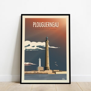 Cartaz de viagem de Plouguerneau/Pôster do farol da Ilha Virgem/Pôster do farol vintage da Bretanha França