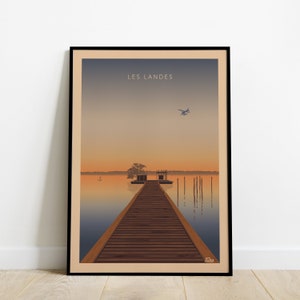 Les Landes Reiseposter / Reiseposter der Ponton auf dem See / Vintage Poster South West Ocean Forest Wave