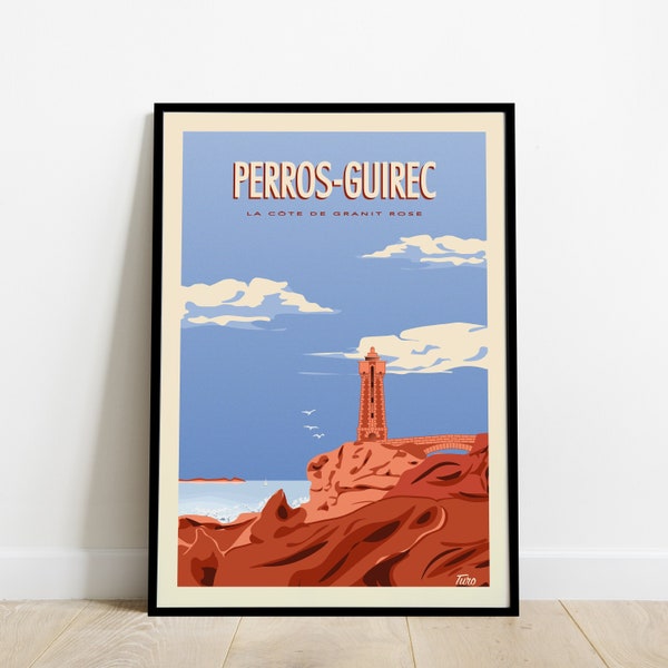 Perros-Guirec Travel Poster / Poster The pink granite coast / Vintage Poster Lighthouse of Brittany France