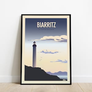 Cartel de viaje de Biarritz / Cartel de la costa vasca / Cartel del faro vintage del suroeste de Francia