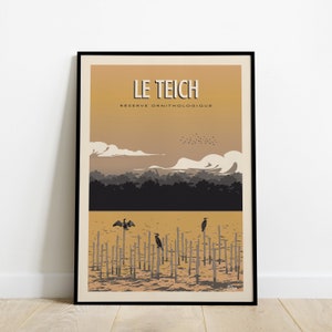 Póster de viaje de Le Teich / Póster de reserva de aves / Póster vintage de la costa oeste de la bahía de Arcachon