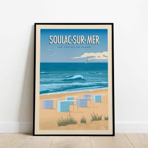 Peut inclure: Une affiche de style vintage avec une illustration bleue et blanche d'une scène de plage avec des tentes de plage bleues à rayures et le texte "SOULAC-SUR-MER LES TENTES DE PLAGE".