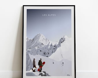 Póster de viaje a los Alpes / Póster de viaje en telesilla de esquí / Póster vintage de deportes de invierno en las montañas