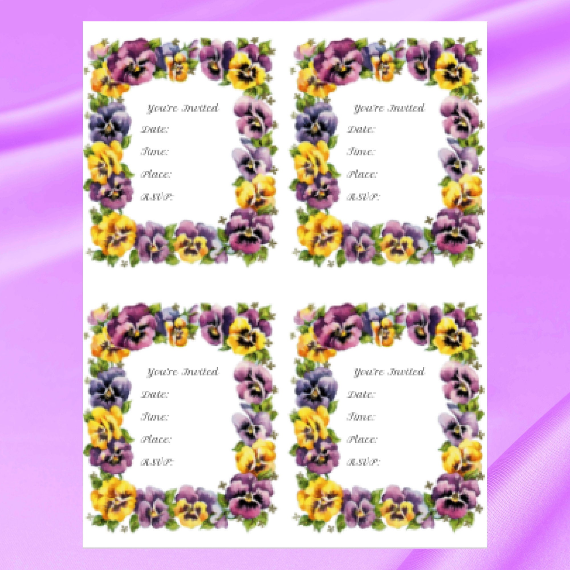 Printable Floral Party Invitation Template-diy Purple and Yellow Pansy ...
