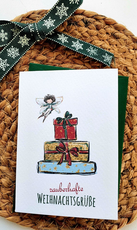 Mini Weihnachtskarte Elfenhafte Weihnachtsgrüße, Klappkarte,  Strukturpapier, handgefertigt, mit passendem Umschlag, DIN A7, Hochformat -  .de