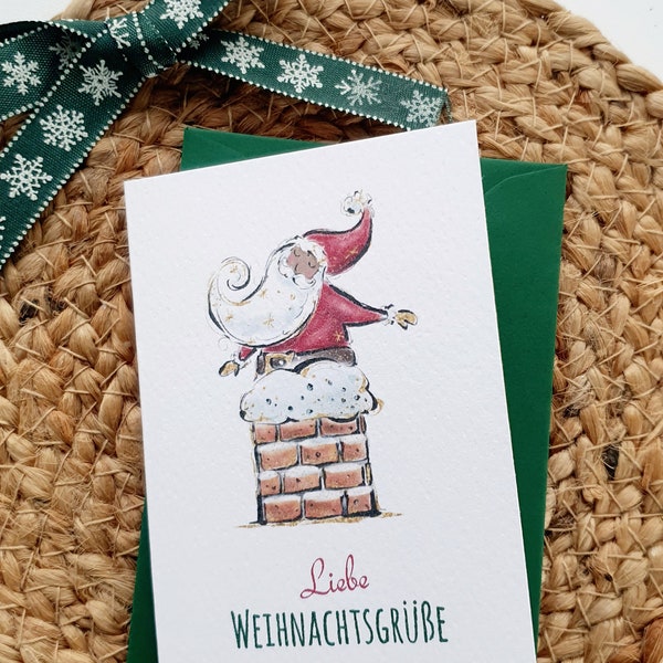 Mini Weihnachtskarte "Weihnachtsmann im Kamin", Klappkarte, Strukturpapier, handgefertigt, mit passendem Umschlag, DIN A7, Hochformat