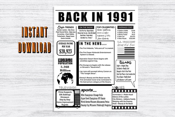 Back In 1991 PRINTABLE Newspaper Poster Sign 1991 Digital | Etsy