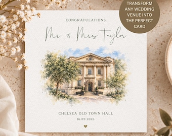 Personalised Wedding Venue Watercolour Card, Keepsake for the Bride and Groom, Elegant Luxury Newlywed Gift for Wedding Day Congratulations