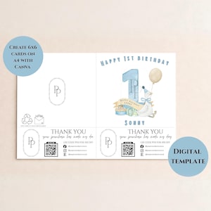 May include: A folded birthday card with a blue and white design. The card features the text "Happy 1st Birthday" and a watercolour illustration of a number one, a cake, and a hedgehog holding a balloon. The card also says "Sonny".