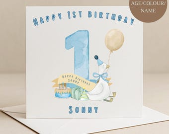 Personalised Goose First Birthday Card, Silly Goose 1st Birthday Card, Baby Boy, Grandson, Son, Little Goose Greeting Card