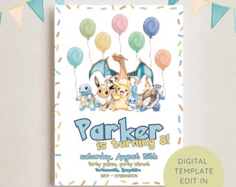 5x7 Pokémon Birthday Party Invitation Canva Template,Editable Digital Download, Printable Children’s Party Invite, Boys Party Pokmon