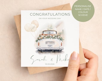 Personalised Wedding Card, Watercolour Just Married Car, Custom Names Date (Keepsake)
