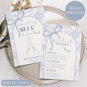 Pode incluir: Dois cartões azuis claros e brancos com desenhos florais e texto. Um cartão diz "Something BLUE before I do" e "Megan's Hen Do". O outro cartão diz "Weekend Itinerary" com um cronograma. As palavras "Digital Download" também são visíveis.