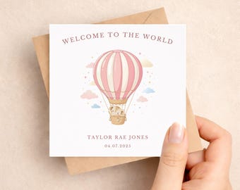 Personalised Welcome to the World Card with Hot Air Balloon, Baby Elephant Newborn Baby Girl, Congratulations New Parents
