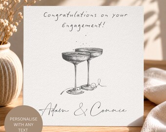 Congratulations On Your Engagement Card, Just Engaged Keepsake, Personalised Engagement Class, Raise a Glass Sketch Illustration, Minimal