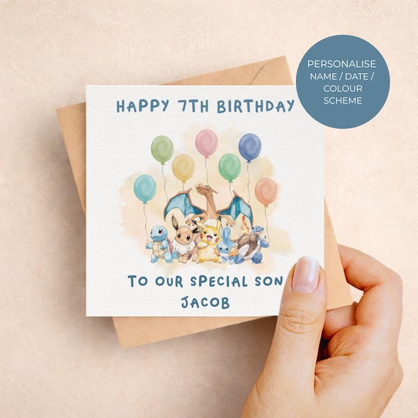 Pokemon Watercolour Birthday Card, Pikachu Card, Personalised Card, Happy Birthday Card Daughter, Son, Friend, Pokemon, Eevee,Mewtwo custom