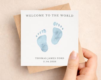 Personalised Blue Foorprints Welcome to the World Card for Newborn Baby Boy, Congratulations New Parents, Birth of your Baby Card