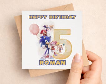 Personalised Sonic the Hedgehog Birthday Card, Birthday Boy Card, Grandson, Son, Nephew Age Card, Watercolour Greeting Card, Sonic Character
