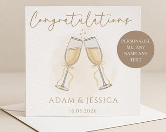 Personalised Congratulations on your Wedding Day Card, Bride and Groom, Congratulations with champagne and personalised name and date