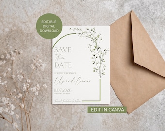 Editable Gypsophila Save the Date Template, Minimalist Botanical Wedding Stationery (Digital Download)