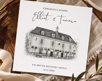 Personalised Wedding Venue Sketch Card, Custom Couple Keepsake, Just Married Gift, Congratulations on your wedding day, Wedding Location Art