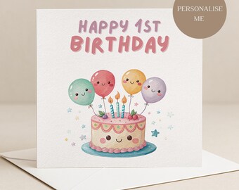 Baby Girl 1st Birthday Card UK | Happy 1st Birthday Girl Card | One Today Card | Daughter Granddaughter 1 Today | Cake Balloons Pink Card