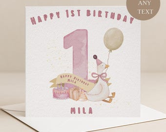 Personalised Goose First Birthday Card, Silly Goose 1st Birthday Card, Baby girl, Granddaughter, daughter, Niece, Little Goose Greeting Card