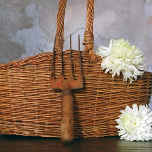 May include: A rustic, woven wicker basket with a wooden handle and a vintage garden fork. The basket is adorned with two large, white chrysanthemum flowers. The scene evokes a sense of gardening and natural beauty.