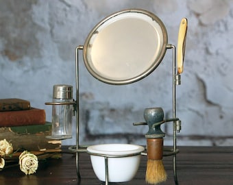 Antique shaving mirror with stand, razor, cup and brush / table top mirror with shaving accessories