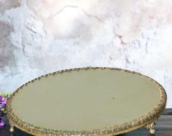 Round footed antique mirror tray / antique Victorian gold plateau vanity tray / Art Nouveau mirrored tray / vintage mirror / shabby chic