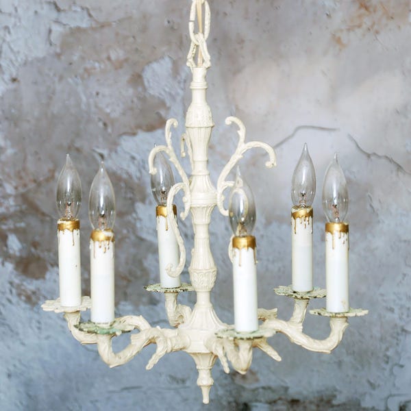 Vintage shabby chic chandelier / French country chippy white hanging light fixture 6 arm chandelier