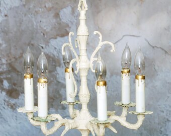 Vintage shabby chic chandelier / French country chippy white hanging light fixture 6 arm chandelier