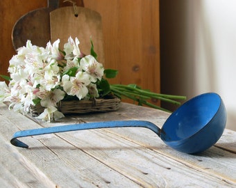 Blue enamel ladle / vintage enamelware skimmer / French enamel spoon / enamel scoop / French country cottage / farmhouse kitchen decor