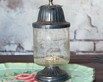 Antique glass apothecary jar / vintage etched glass apothecary bottle with pedestal base