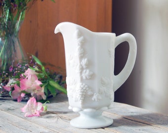 Vintage Imperial Glass milk glass pitcher / milk glass jug with grapes / embossed floral pitcher / vintage milk glass / vintage pitcher