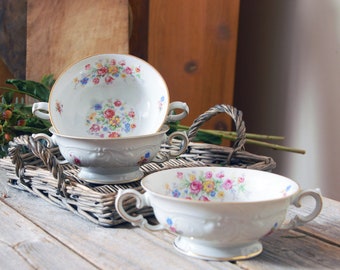 Vintage KPM Poland berry bowls / antique fine Polish china floral bowls teacups / set of three transferware bowls with two handles