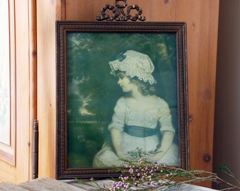 1920s print and frame of Simplicity by Sir Joshua Reynolds Miss Theophila Gwatkin / Victorian girl in bonnet portrait / French bow frame