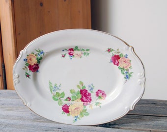 Rose pattern china platter / Tulowice Poland rose floral platter / cottage home decor / shabby chic / vintage floral china serving platter