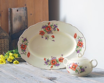 Vintage floral pattern china platter & sugar bowl / Keystone Canonsburg pottery / cottage home decor / shabby chic /  floral serving platter