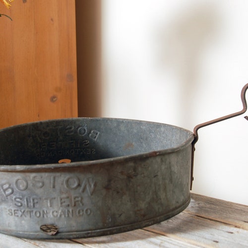 Antique metal grain sifter sieve / vintage Boston Sexton Can Co sifter