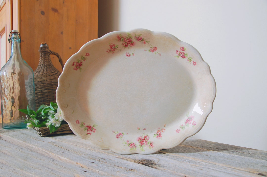 Antique Pink and White Transferware Ironstone Platter / Vintage Floral ...