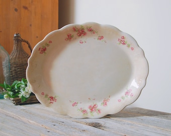 Antique pink and white transferware ironstone platter / vintage floral ironstone serving plate / French country cottage farmhouse decor