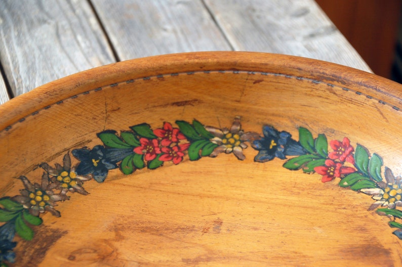 Hand painted wooden bowl / vintage bowl / turned wood footed bowl with carved flowers / rustic wood bowl / farmhouse decor / cottagecore image 3