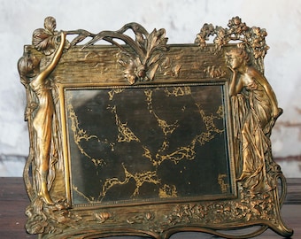 Vintage Art Nouveau mirror / cast iron bronze wall table mirror / brocante decor / French women and flowers photo frame