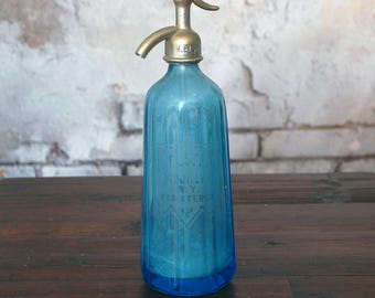 Vintage blue Czech seltzer bottle / M Elstein Brooklyn NY seltzer bottle / etched carbonated soda bottle