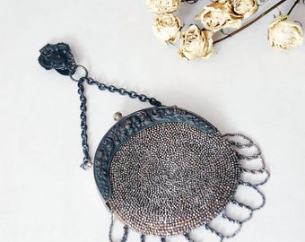 Antique 1800s silver beaded chatelaine bag  / round steel cut bead purse with fringe and clip
