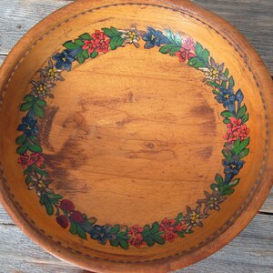 Hand painted wooden bowl / vintage bowl / turned wood footed bowl with carved flowers / rustic wood bowl / farmhouse decor / cottagecore image 4