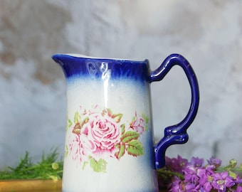 Vintage blue flow ombre floral rose pitcher / antique pottery vase water jug