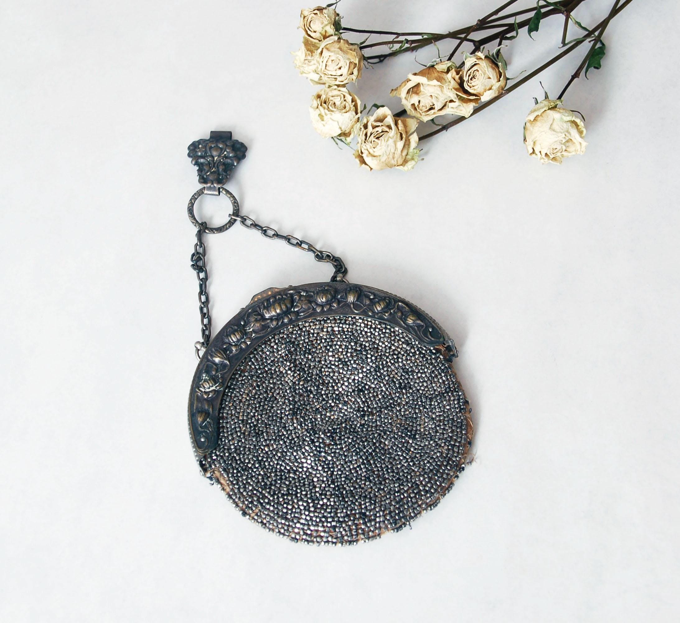 Antique 1800s round beaded chatelaine bag / silver steel cut bead Art Nouveau coin purse with clip
